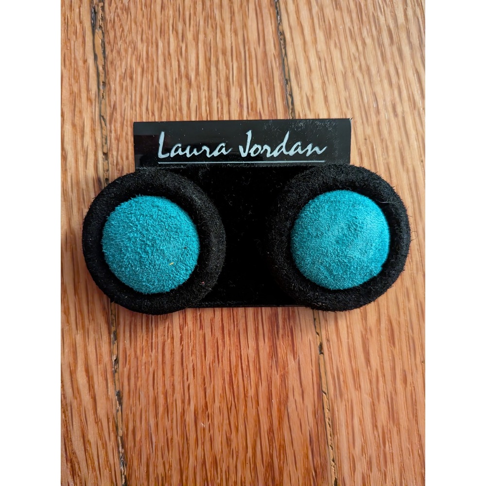 Laura Jordan Vintage Clip On Earrings Turquoise Blue Black Fabric Suede Studs